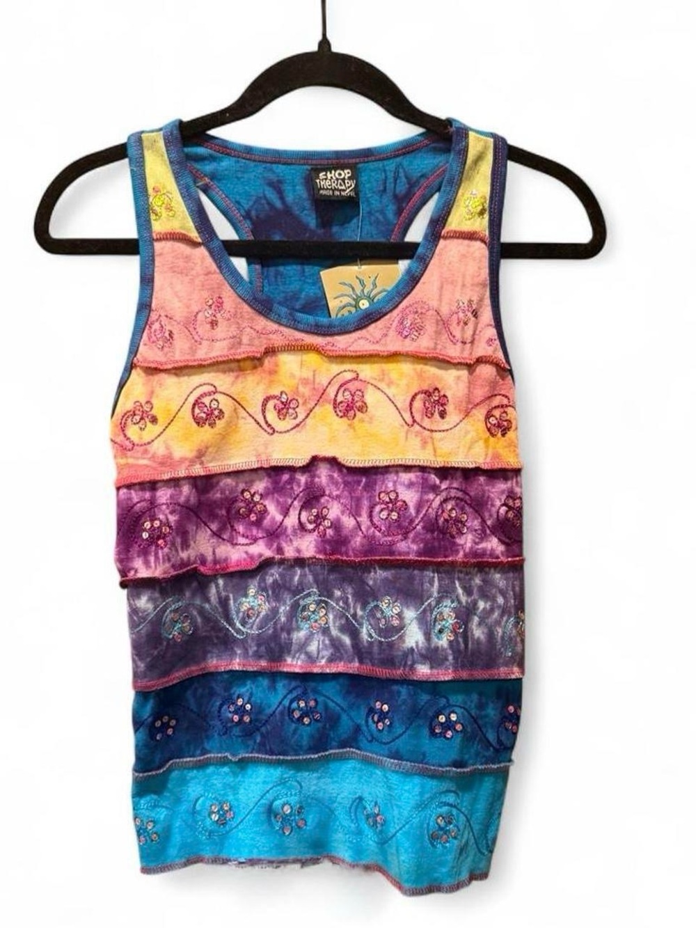 Shop Therapy TieDye Tank Top W/Emboidered Flowers & Sequins Embellishments. NWTS